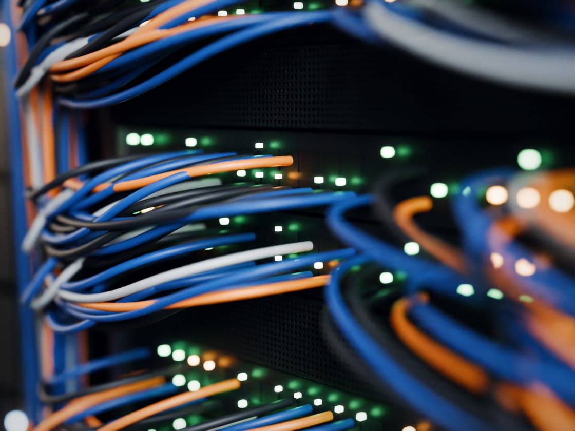 Network cables plugged into the ports of a rack switch