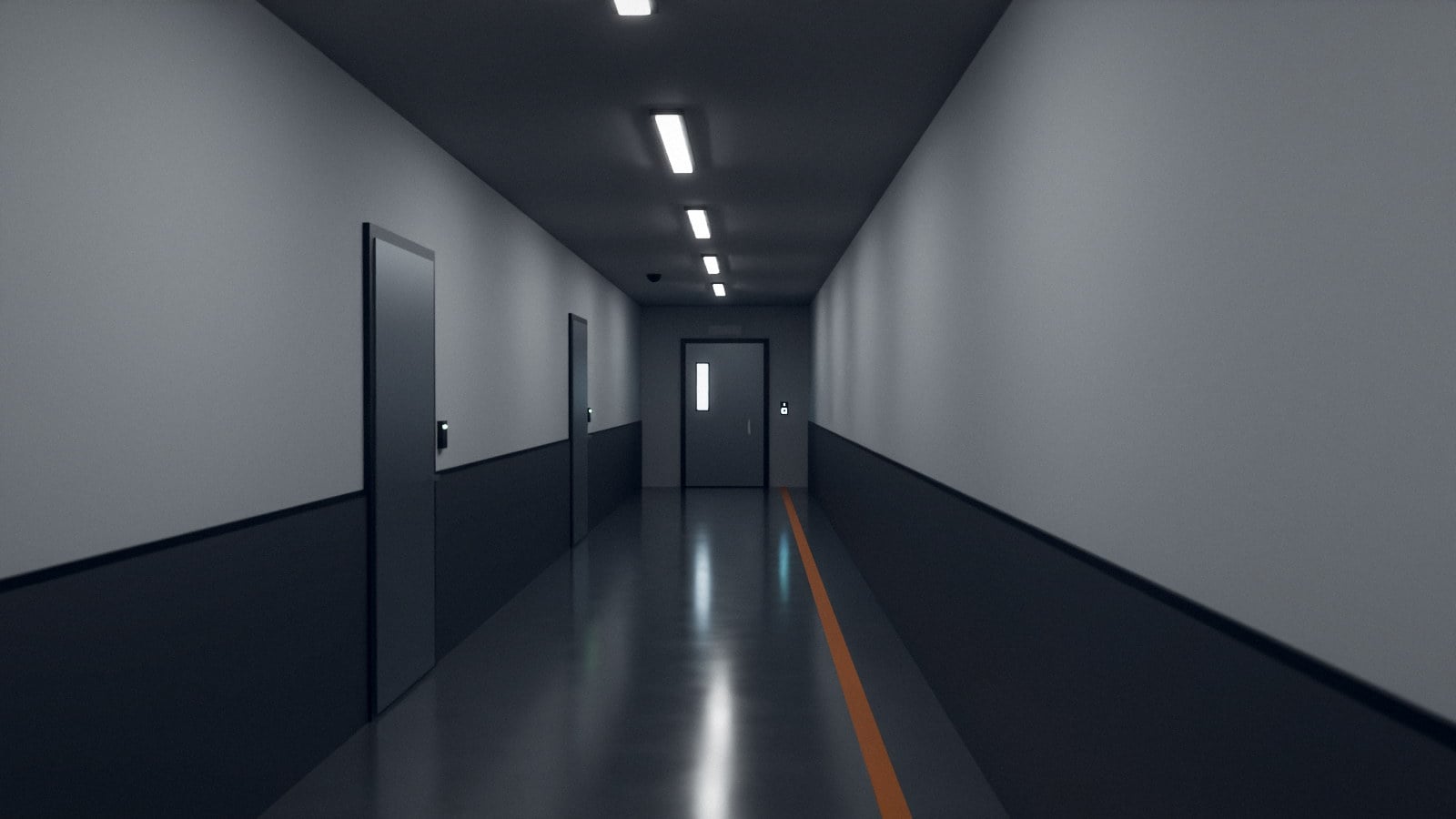 A corridor leading to a secure door with an access reader beside it