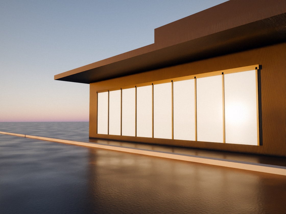The glazed entrance of a data centre building at dusk