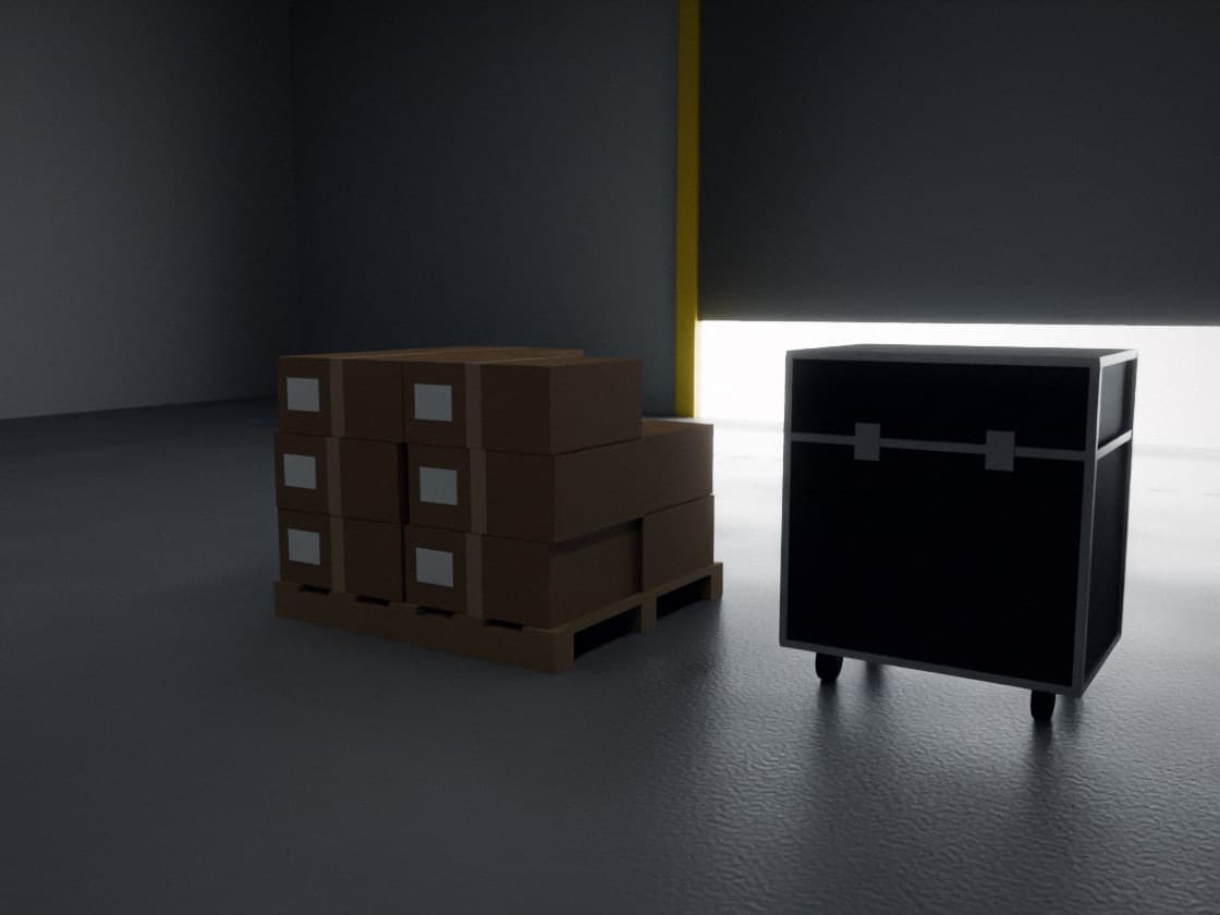 Boxed equipment on a pallet and a flight case in a loading bay