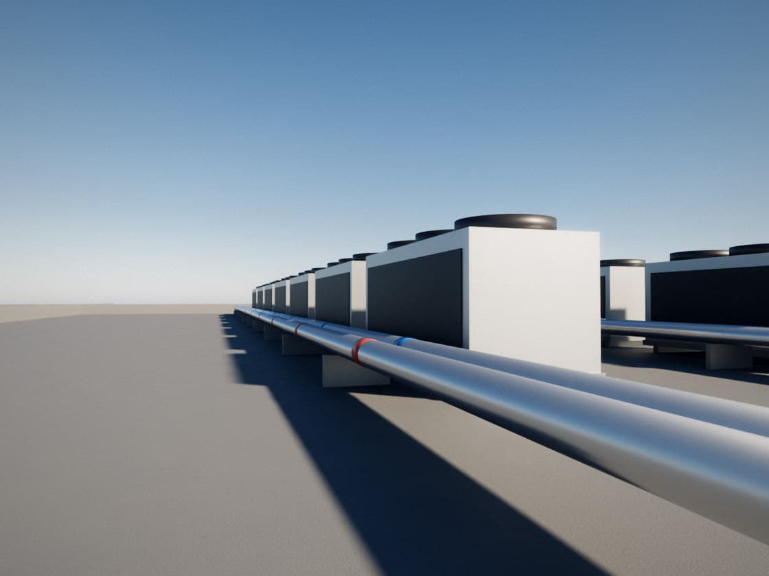 Chiller units with rooftop fans and insulated pipework on a data centre roof